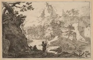 Ruins on a Hilltop, by Jan Smees, ink, 1707