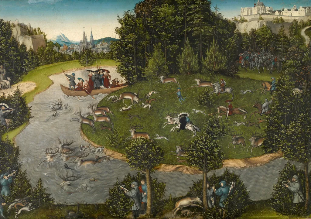 A Stag Hunt with the Elector Friedrich the Wise of Saxony, by Lucas Cranach the Elder, oil, 1529