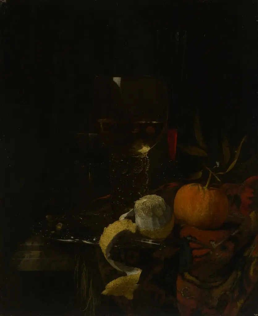 Still life with glasses and fruit, by Willem Kalf, oil, 1663