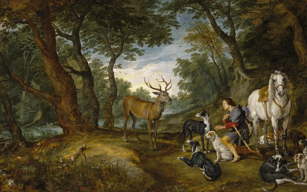 The Vision of St Hubert, by Jan Brueghel, the elder, oil, 1617