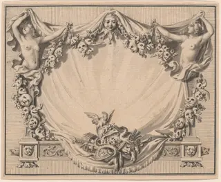 A Cartouche with Theater Masks, by Pierre-Philippe Choffard, ink, 1770
