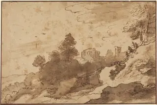 Landscape with Bridge and Ruins in Background, by Pieter Dircksz Santvoort, ink, 1619