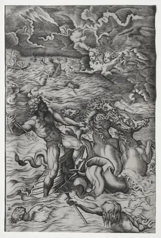 Neptune Calming the Tempest That Aeolus Raised Against Aeneas's Fleet, by Marcantonio Raimondi, 1516