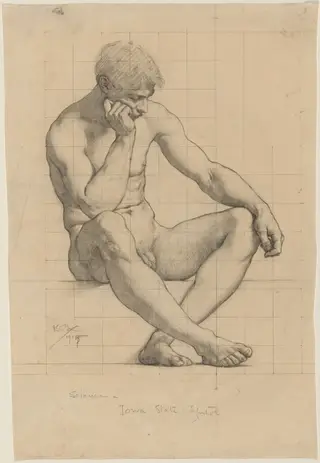 Seated Male Nude: Study for "Science" - Iowa State Capitol, by Kenyon Cox, graphite, 1905