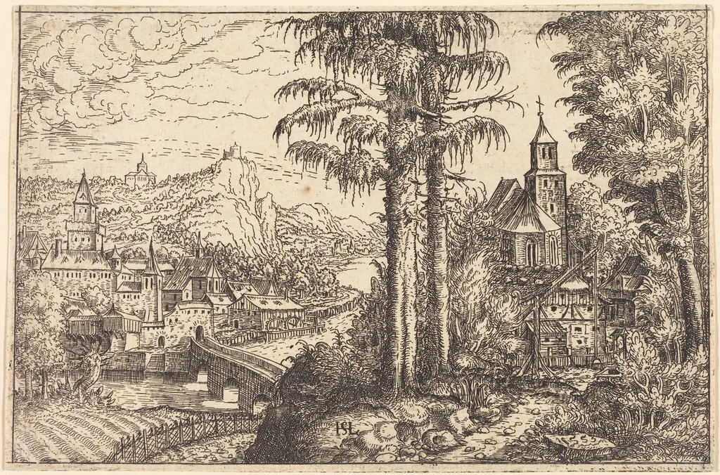 View of a Town near a River with a Church on the Right, by Hanns Lautensack, ink, 1553