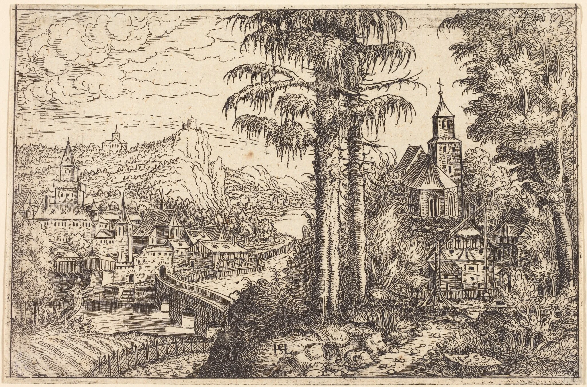 View of a Town near a River with a Church on the Right, detail
