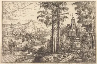 View of a Town near a River with a Church on the Right, by Hanns Lautensack, ink, 1553