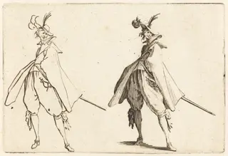 Gentleman in Large Mantle, Front View, by Jacques Callot, ink, 1622