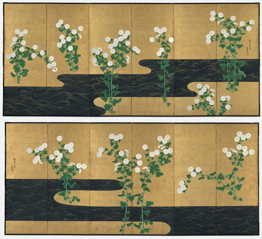 Chrysanthemums by a Stream, detail