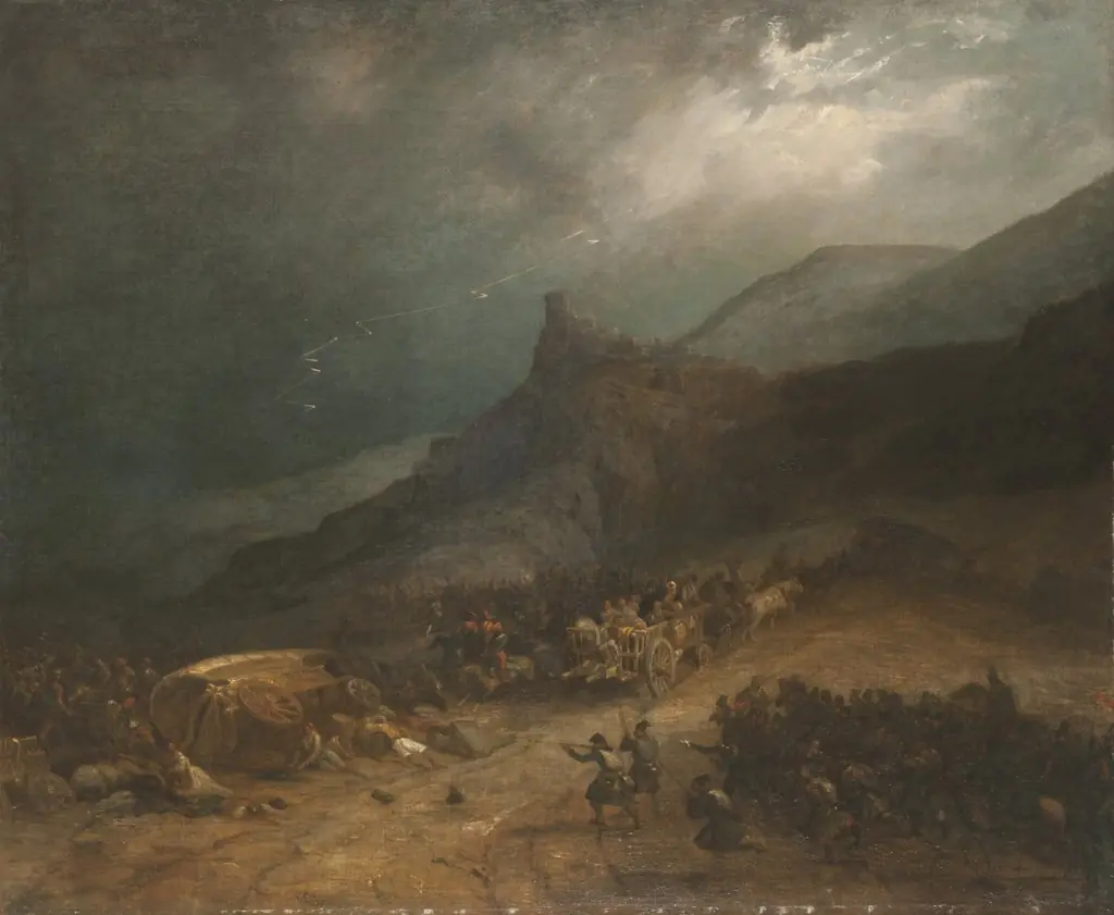 Ataque a un convoy carlista (La batalla de Arlabán), by Genaro Pérez Villaamil, oil, 1838
