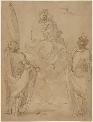 The Virgin and Child Appearing to Saints George and William, by Ludovico Carracci, chalk, 1587