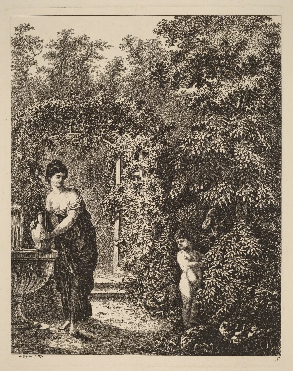 Putto Visiting a Girl at a Fountain, by Salomon Gessner, ink, 1771