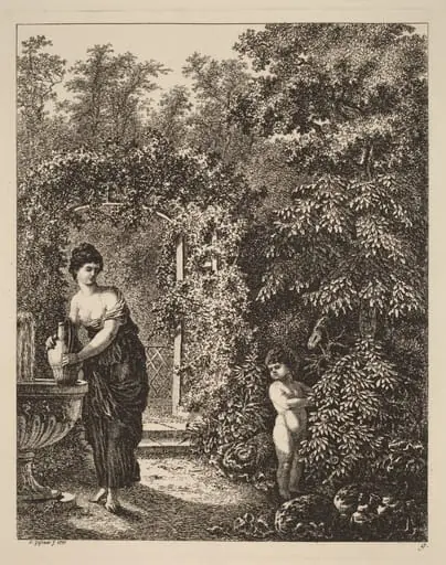 Putto Visiting a Girl at a Fountain, by Salomon Gessner, ink, 1771
