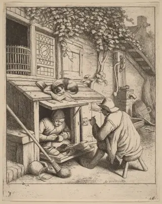 Smoker on a Stool Conversing with a Cobbler at Work, by Adriaen van Ostade, ink, 1671