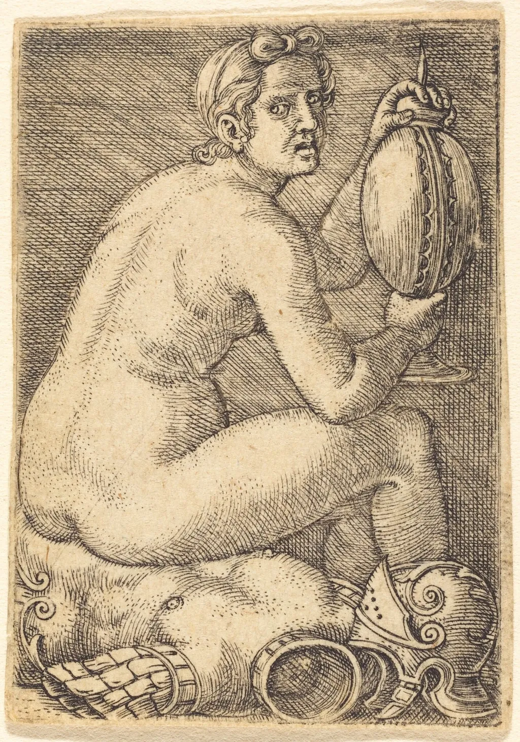 Naked Woman on an Armor (Prudentia?), by Barthel Beham, ink, 1526