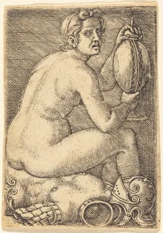 Naked Woman on an Armor (Prudentia?), by Barthel Beham, ink, 1526