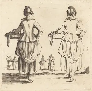Peasant Woman with Basket, Seen from Behind, by Jacques Callot, ink, 1622