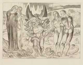 The Circle of the Thieves; Agnolo Brunelleschi Attacked by a Six-Footed Serpent, by William Blake, ink, 1827