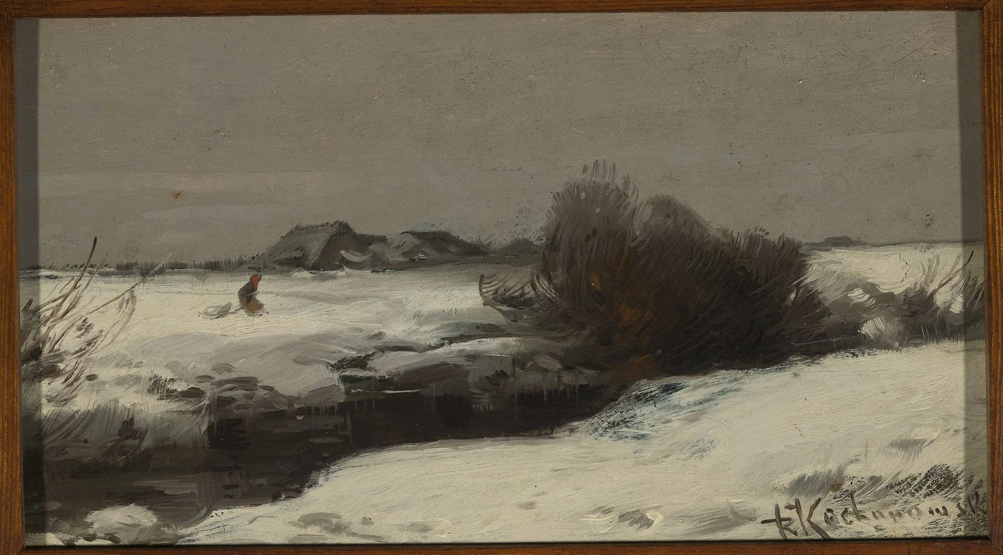 Winter landscape with a stream, detail