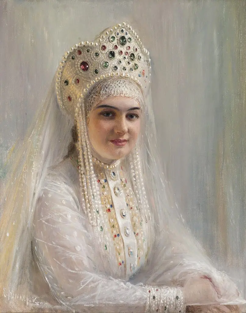 Girl in the Kokoshnik, by Sofya Junker-Kramskaya, oil, 1900