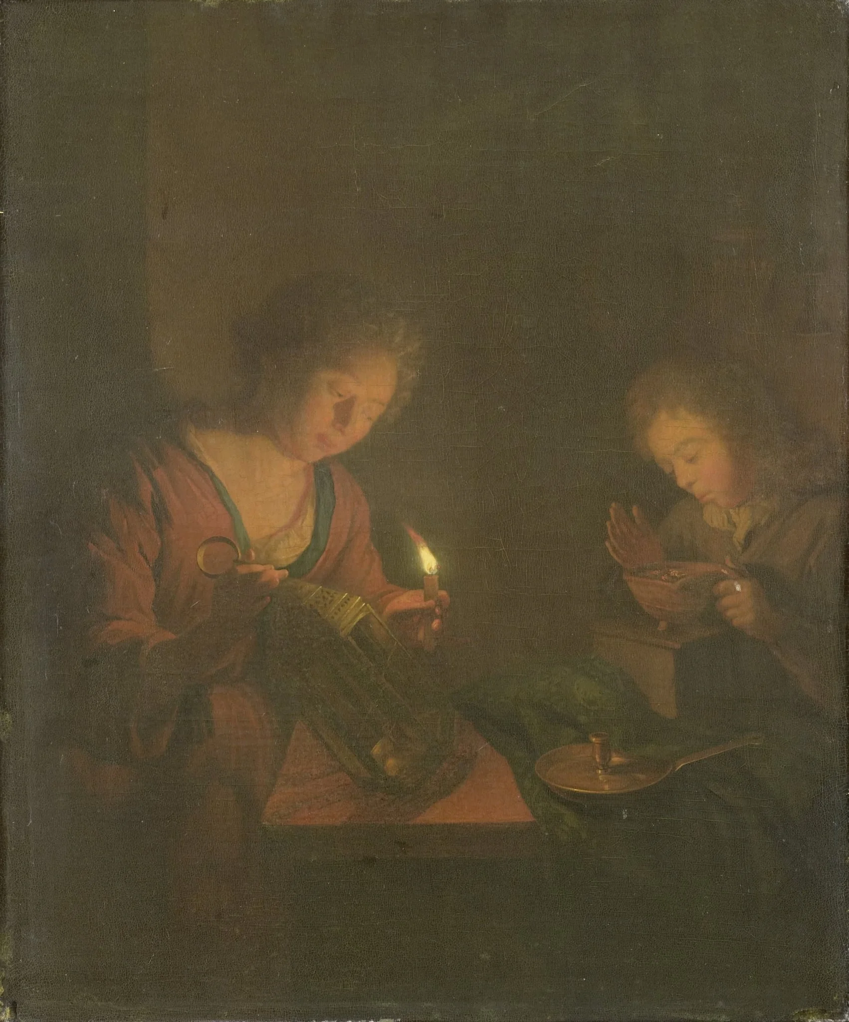 Fire and Light (A Girl Places a Candle in a Lantern and a Boy Blows on the Coals in a Chafing-Dish), detail