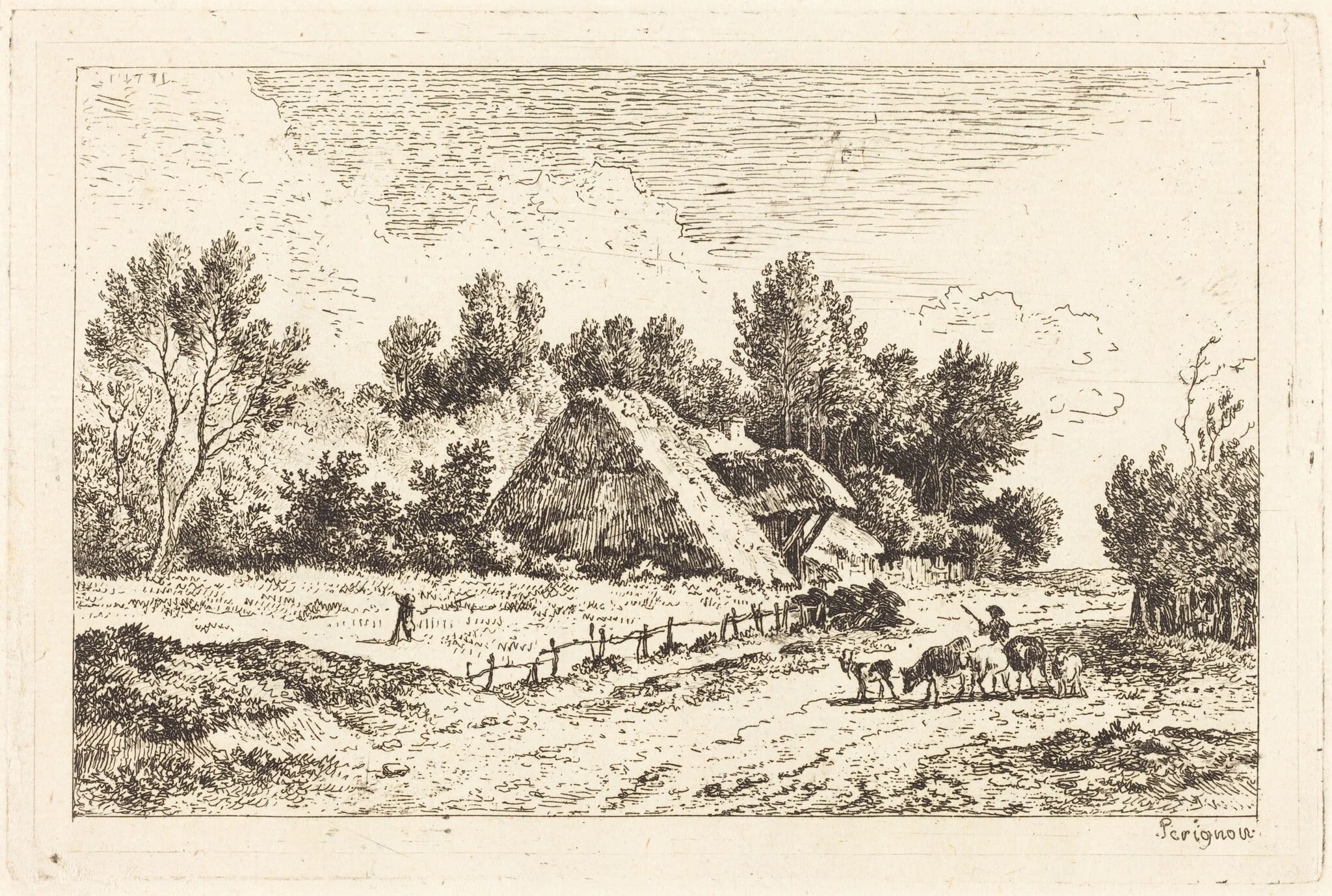 A Low Cottage with a Herdsman Leading His Flock, detail