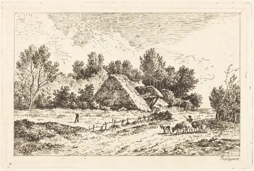 A Low Cottage with a Herdsman Leading His Flock, by Nicolas Pérignon, ink, 1771