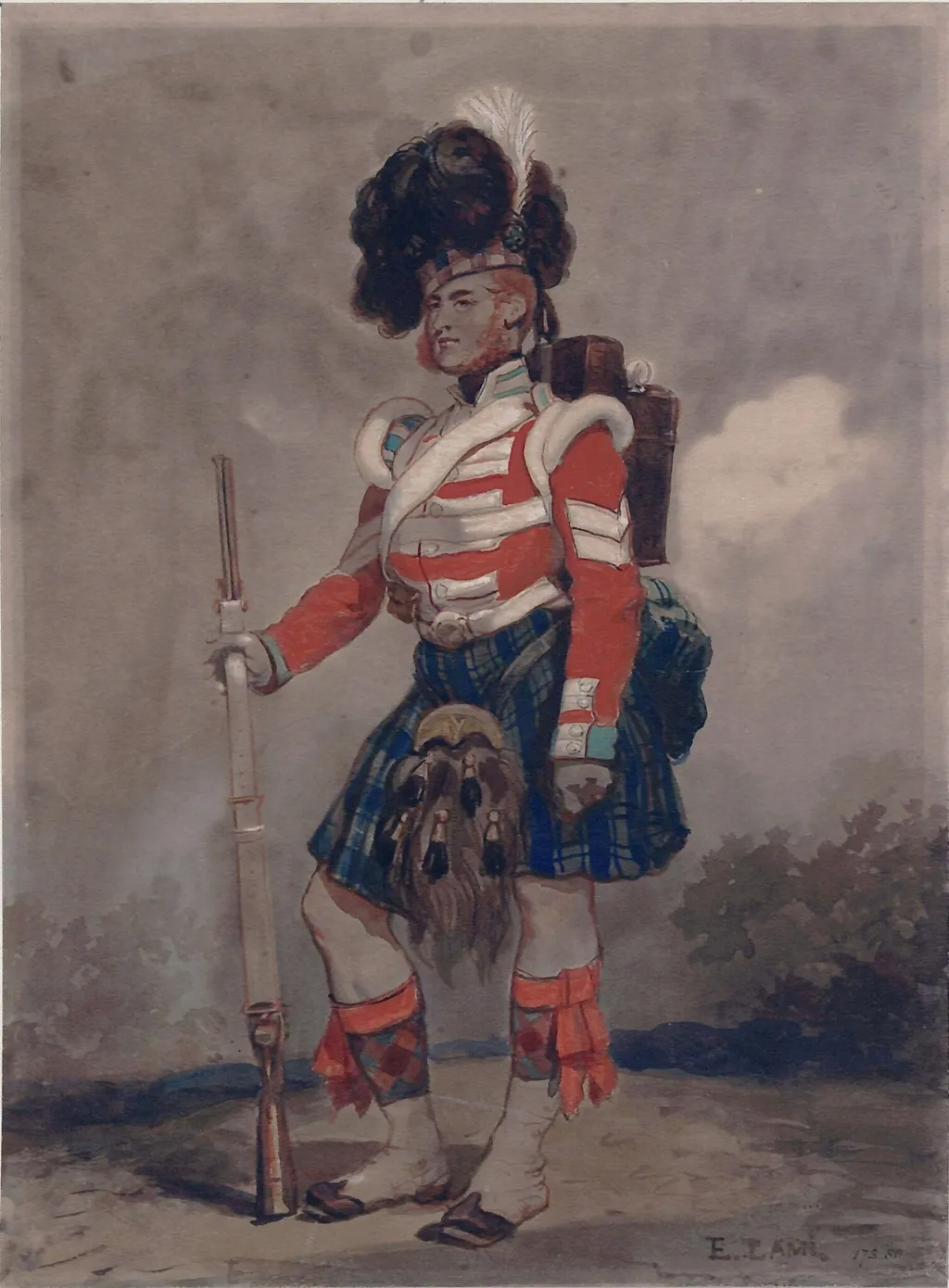 A Solider of th 79th Highlanders Cobham Camp, by Lami, watercolor, 1854