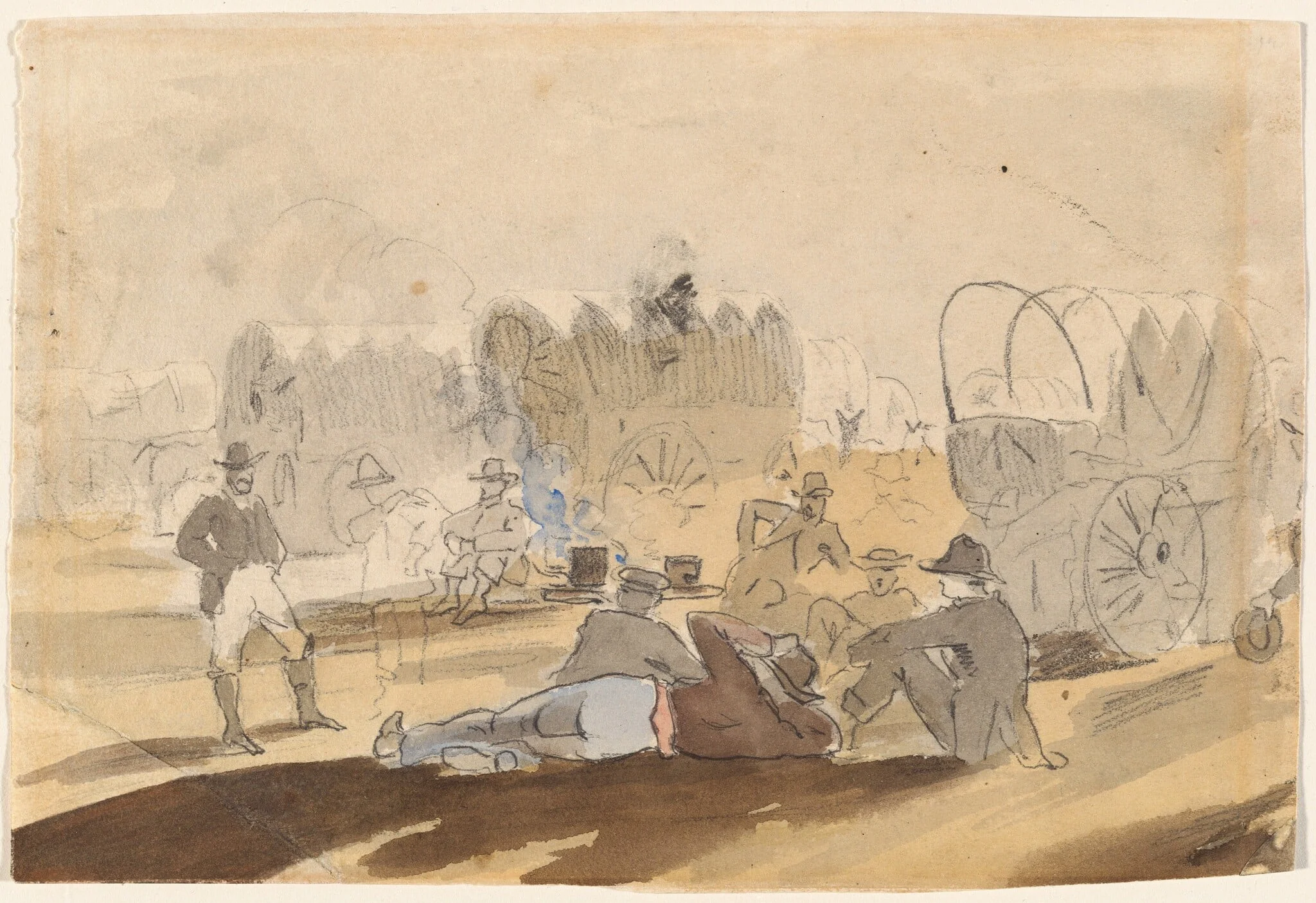 Caravan with Covered Wagons Resting [recto], detail
