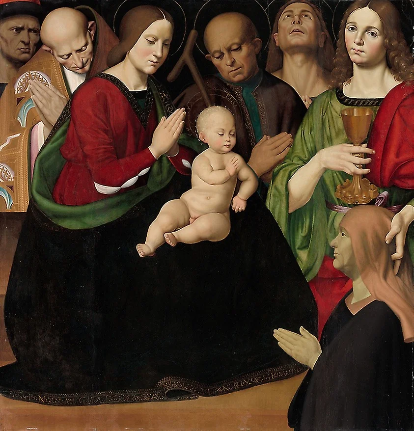 The Holy Family with Four Saints and a Female Donor, detail