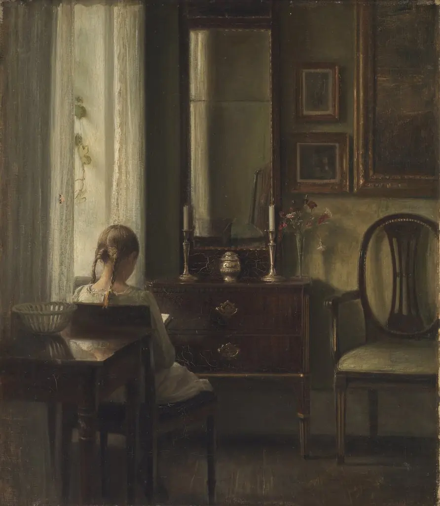 Interior with a Girl Reading, by Carl Holsøe, oil, 1903