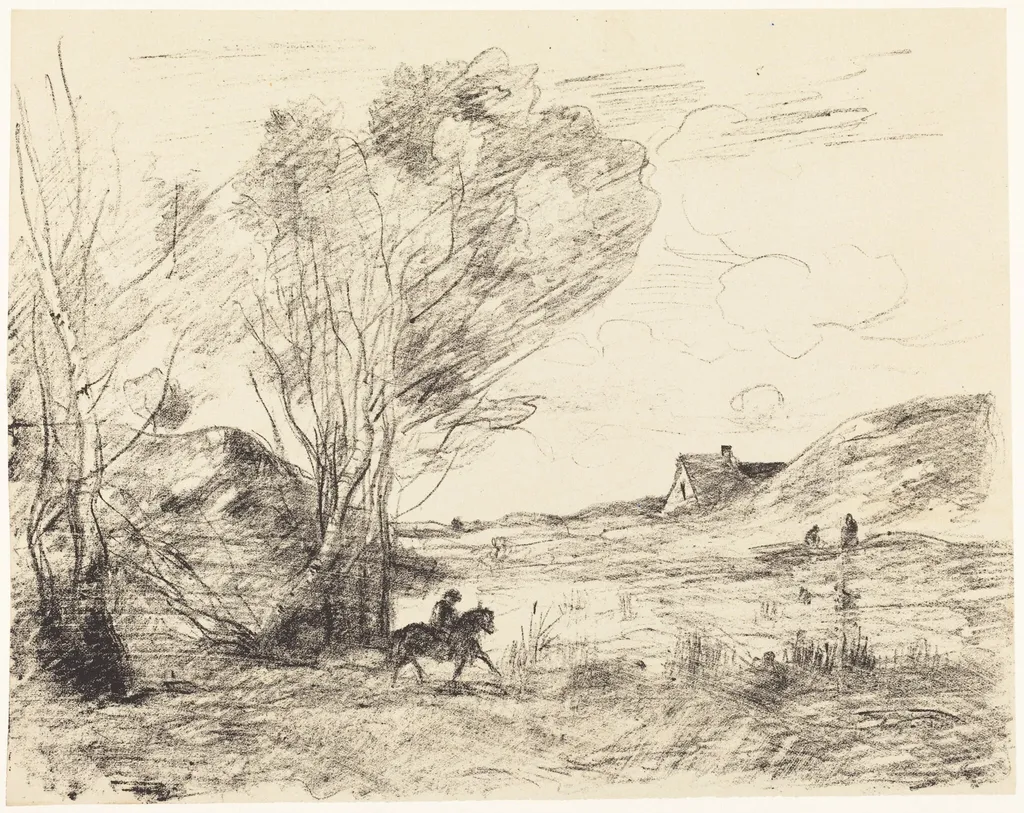 The Rider in the Reeds (Le Cavalier dans les roseaux), by Jean Baptiste Camille Corot, ink, 1871