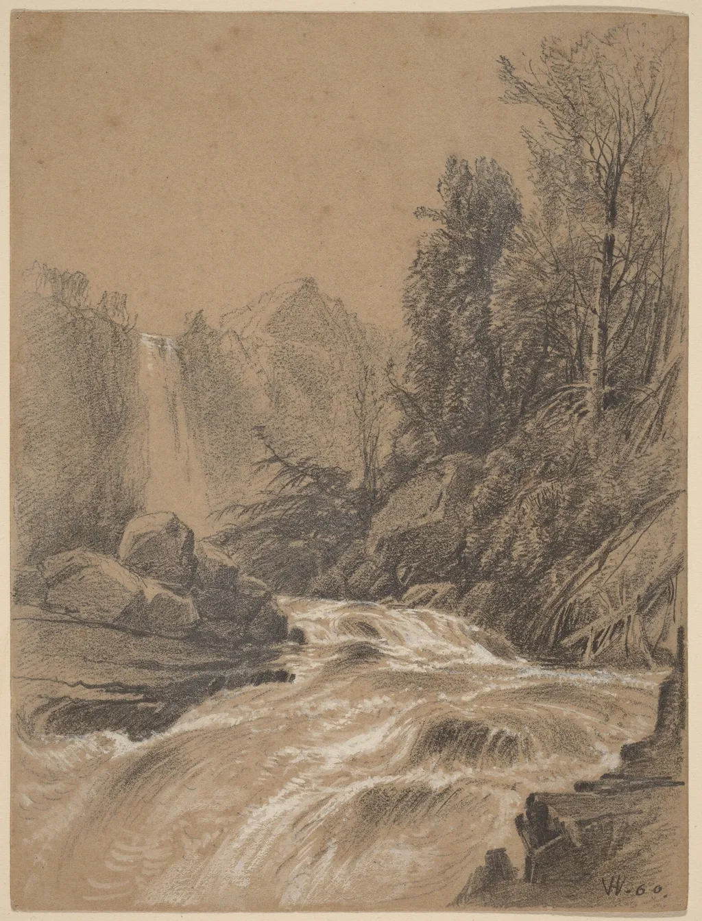 Mountain Landscape, Stream and Waterfall, by William Hart, graphite, 1860