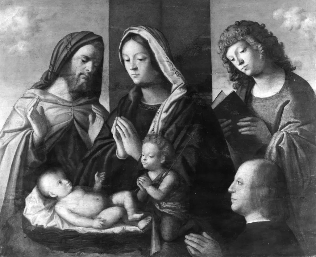 The Holy Family with the Young St. John the Baptist, St. John the Evangelist, and a Donor, by Master of the Incredulity of Saint Thomas, oil, 1515