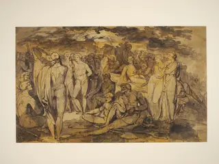 Apollo endeavouring to raise the walls of Troy by the music of his harp, by James Jefferys, 1751