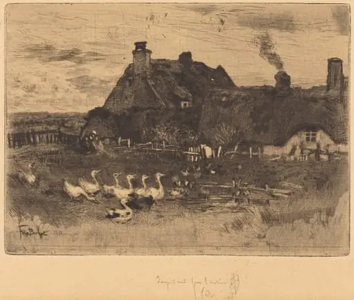 Les Petites Chaumières (Thatched Cottages--Small Plate), by Félix-Hilaire Buhot, ink, 1878