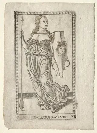 Philosophy (from the Tarocchi, series C:  Liberal Arts, #28), by Master of the E-Series Tarocchi, 1467