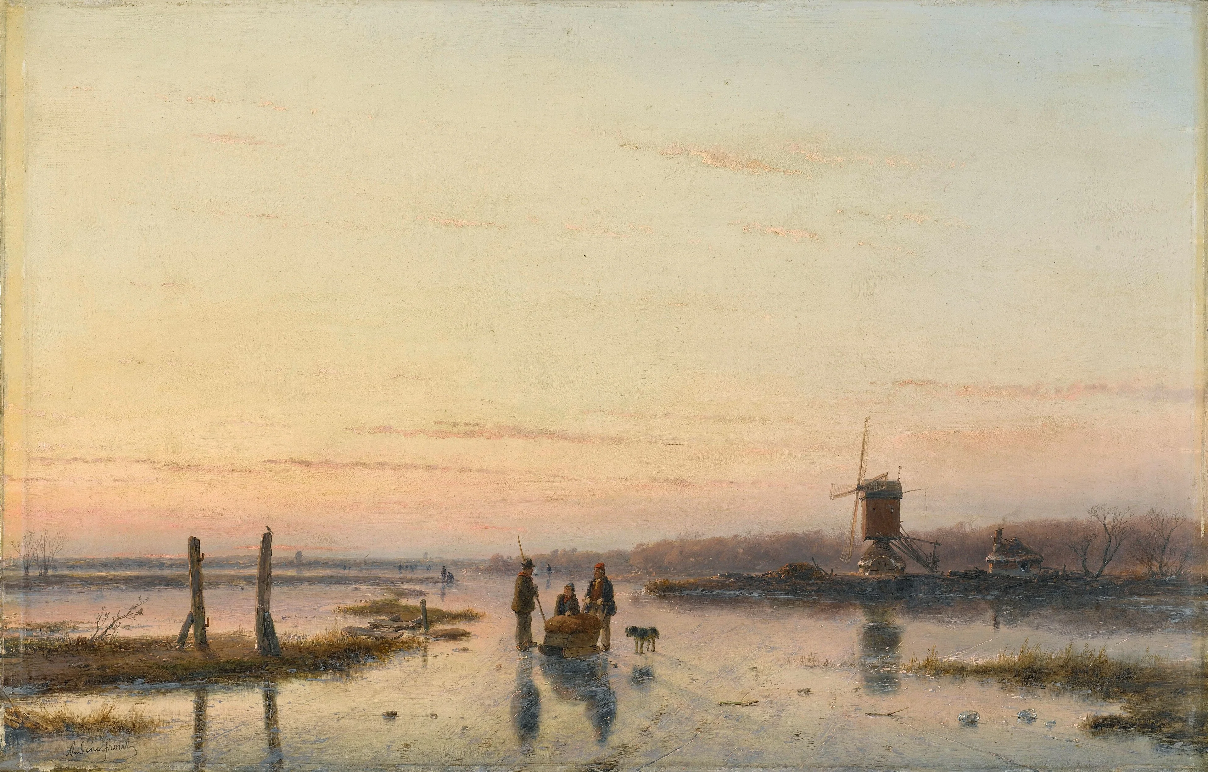 Windmill beside a frozen river, detail