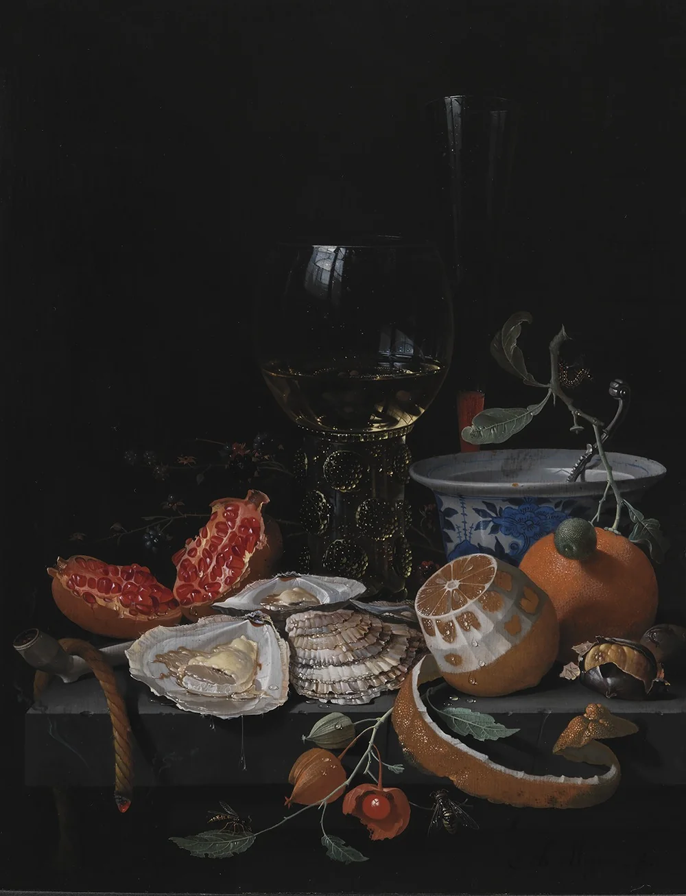Oysters, Fruit and a Wineglass on a Stone Table, detail