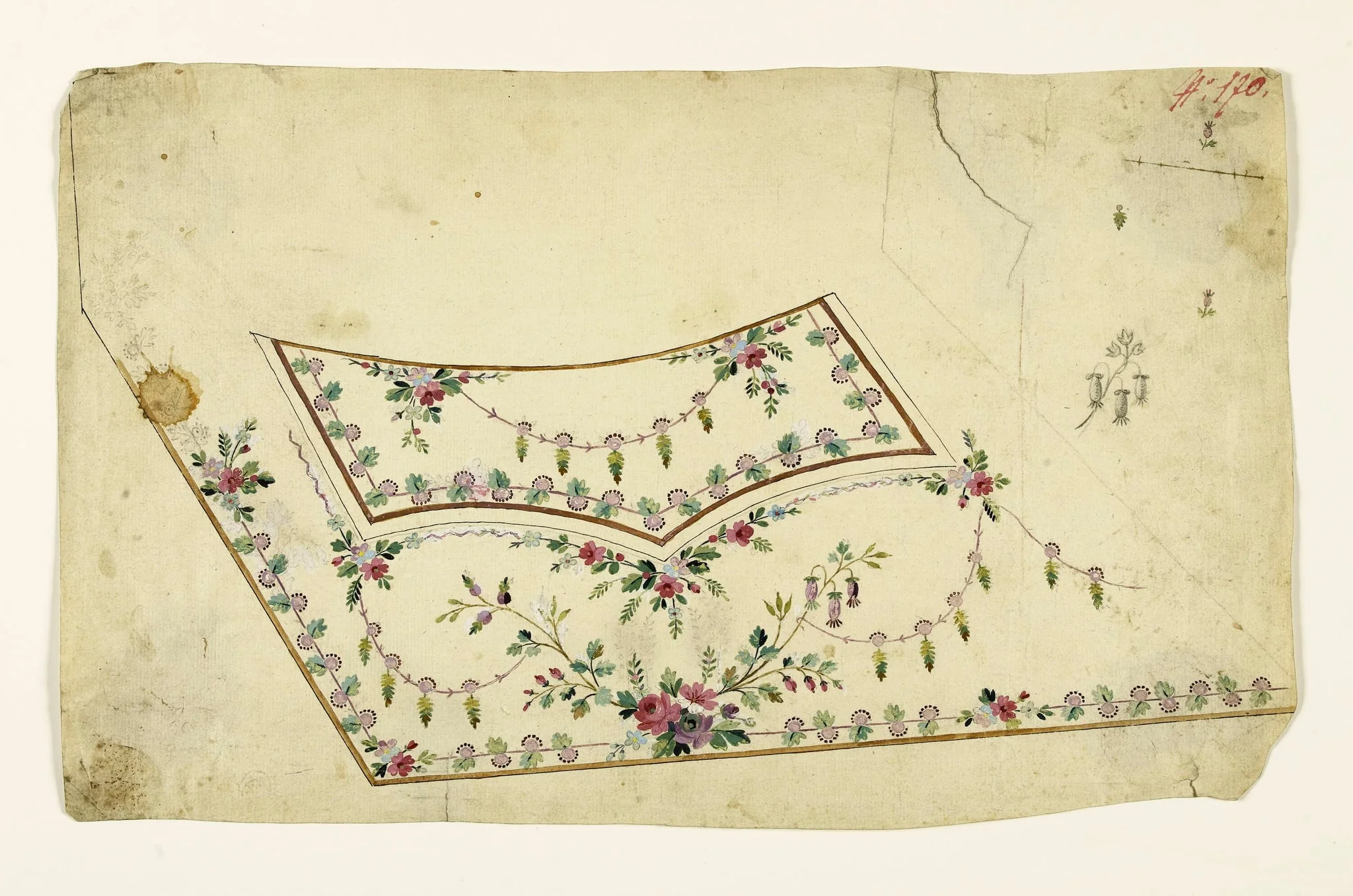 Composition avec bouquet de fleurs, guirlandes et frises de feuilles et de fleurs stylisées, projets de broderies de gilet, XVIIIème siècle, detail