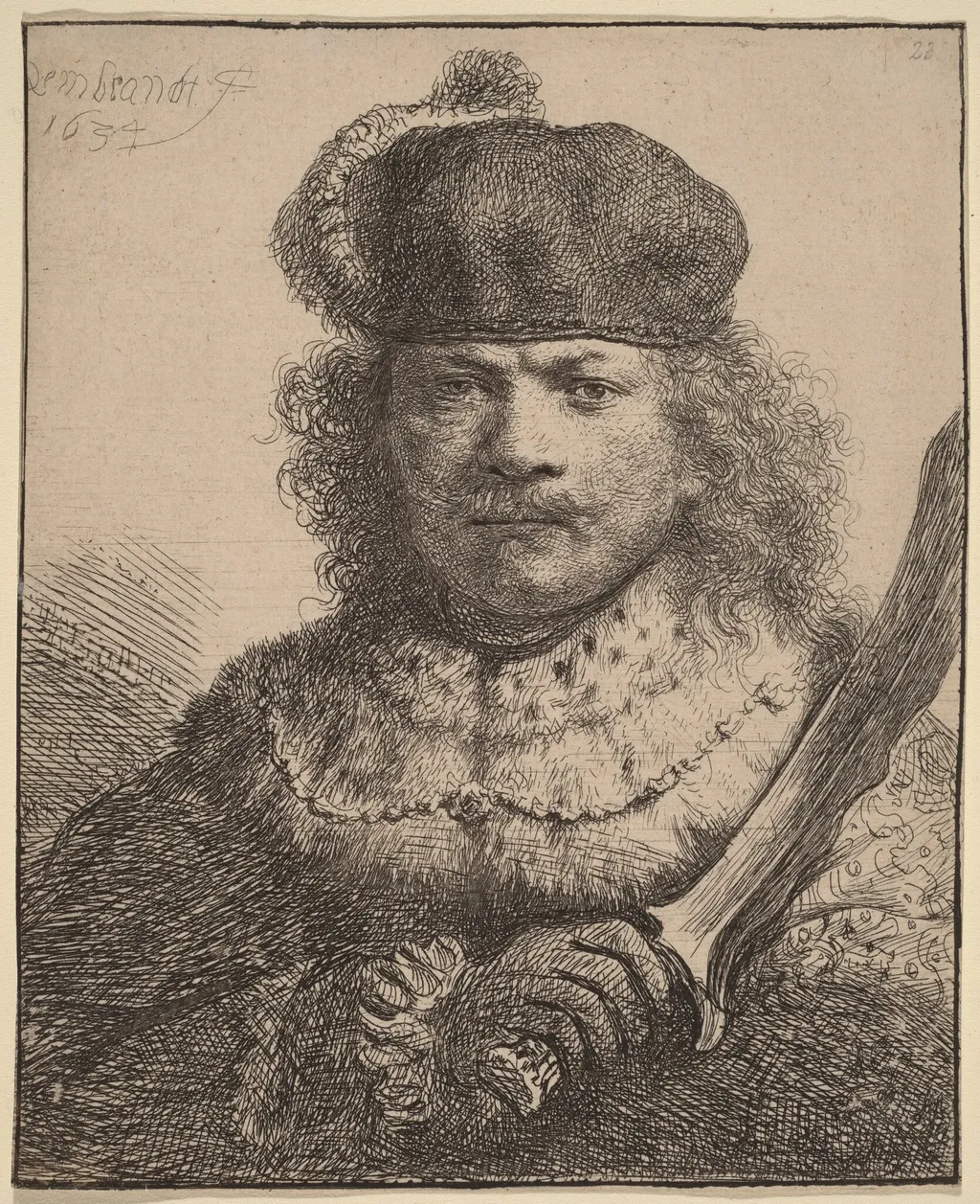 Self-Portrait with Raised Sabre, by Rembrandt, ink, 1634