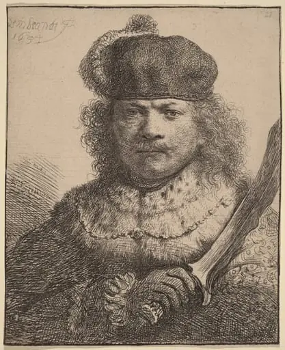 Self-Portrait with Raised Sabre, by Rembrandt, ink, 1634
