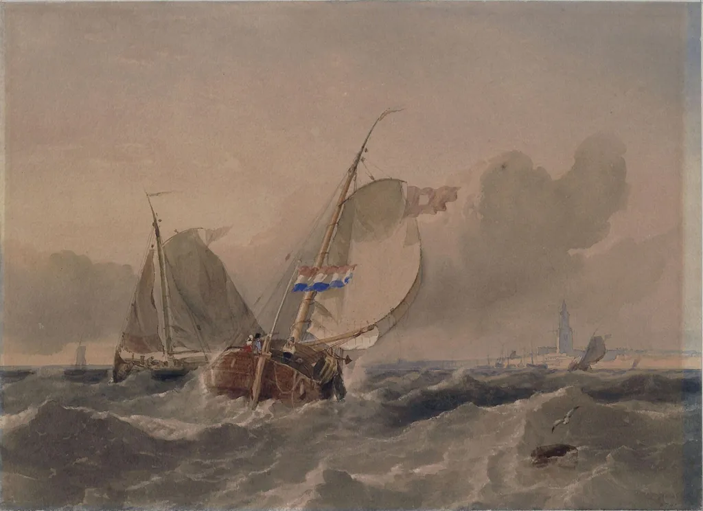 Dutch Fishing Boats in a Breeze, by Thomas Sewell Robins, watercolor, 1850