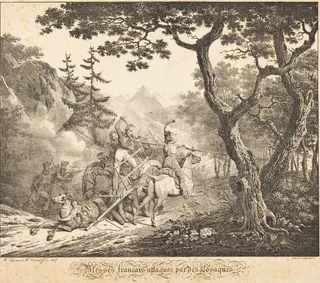Wounded French Attacked by a Cosack, by Hippolyte Lecomte, ink, 1817