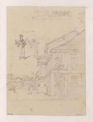 Buildings on the Praya Grande, Macau, with two studies of a Westerner, by George Chinnery, 1841