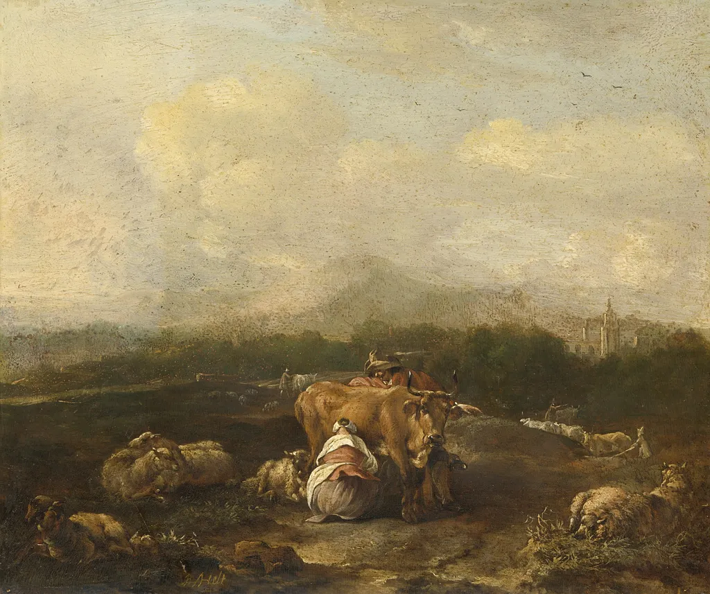 Italian landscape with cattle, by Nicolaes de Helt Stockade, oil, 1668