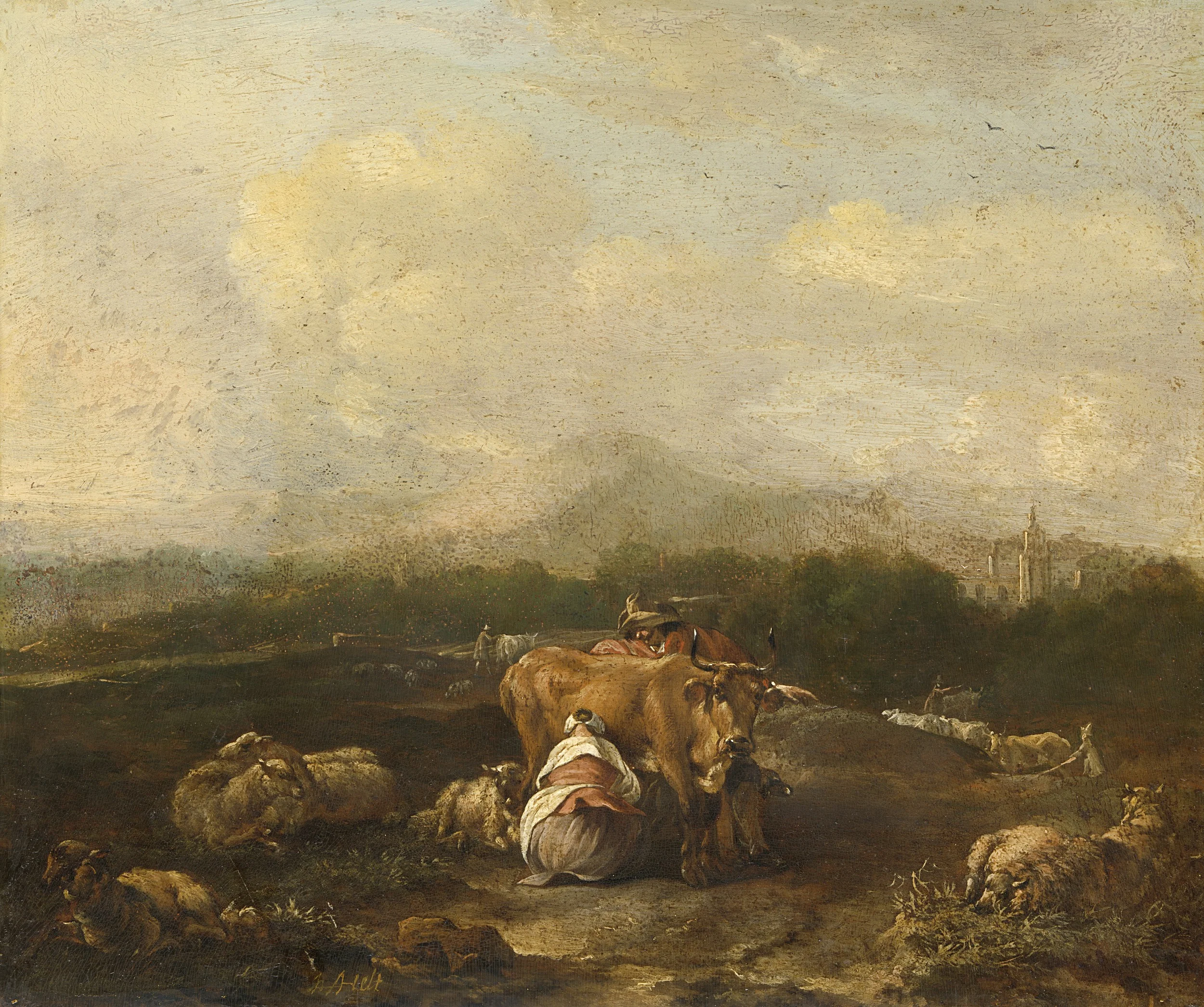 Italian landscape with cattle, detail