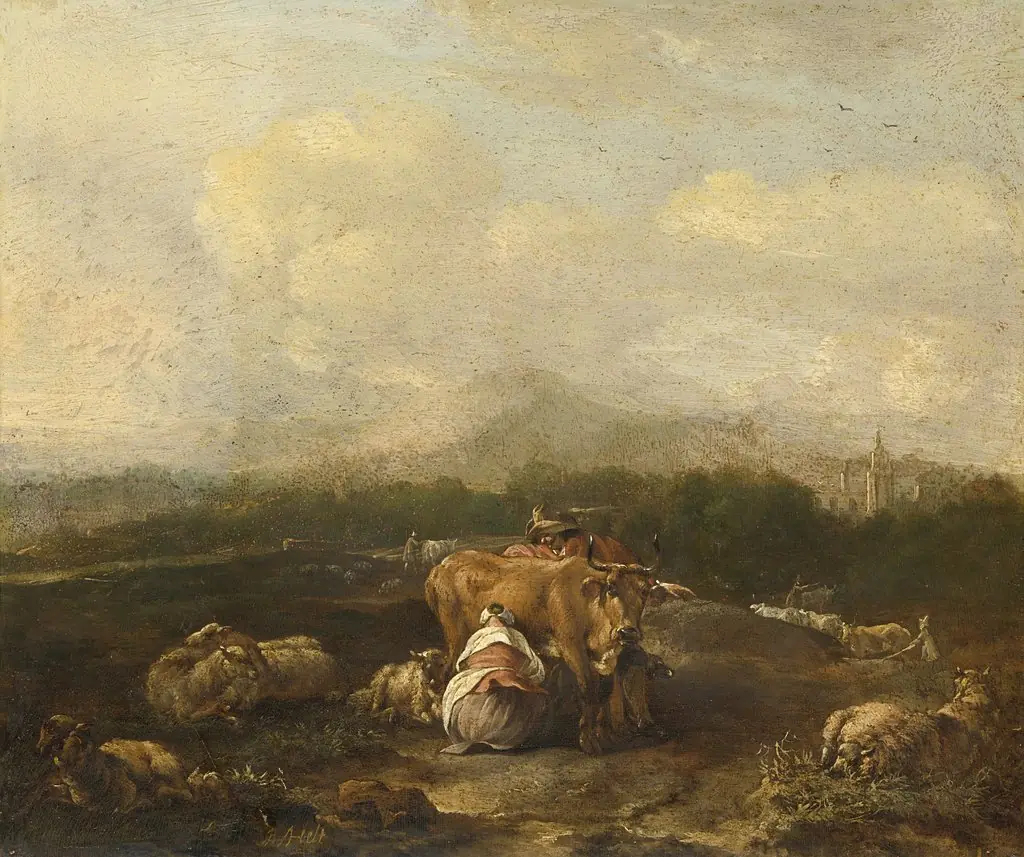 Italian landscape with cattle, by Nicolaes de Helt Stockade, oil, 1668