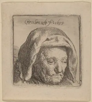 The Artist's Mother in a Cloth Headdress, Looking Down, by Rembrandt van Rijn, ink, 1633