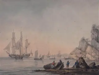 Marine View, with boats and figures on shore, by Samuel Atkins, watercolor, 1798